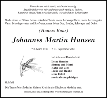 Traueranzeige von Johannes Martin Hansen von Flensburger Tageblatt
