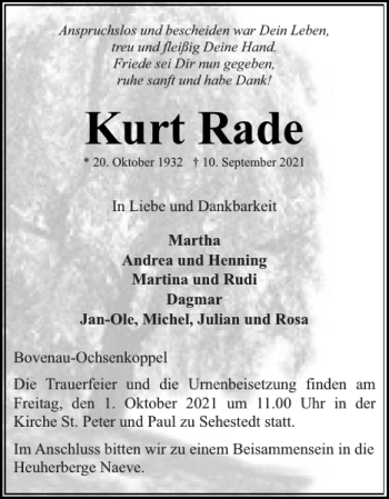 Traueranzeige von Kurt Rade von Landeszeitung