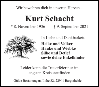 Traueranzeige von Kurt Schacht von Stormarner Tageblatt