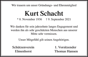 Traueranzeige von Kurt Schacht von Stormarner Tageblatt