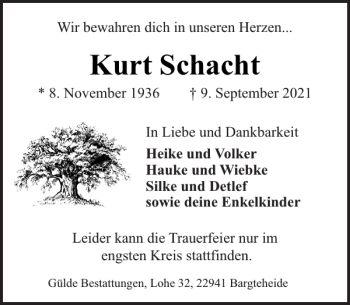 Traueranzeige von Kurt Schacht von Stormarner Tageblatt