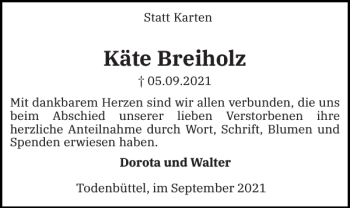 Traueranzeige von Käte Breiholz von Landeszeitung