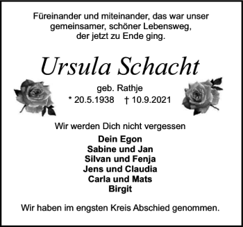 Traueranzeige von Ursula Schacht von Holsteinischer Courier