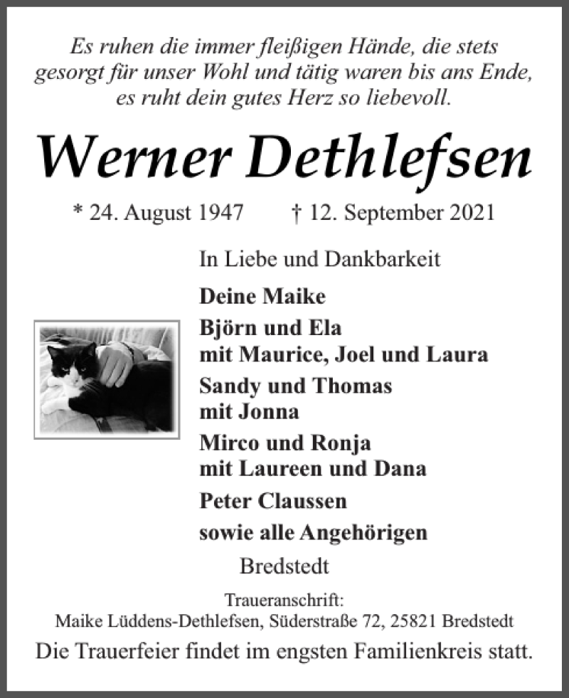  Traueranzeige für Werner Dethlefsen vom 15.09.2021 aus Husumer Nachrichten