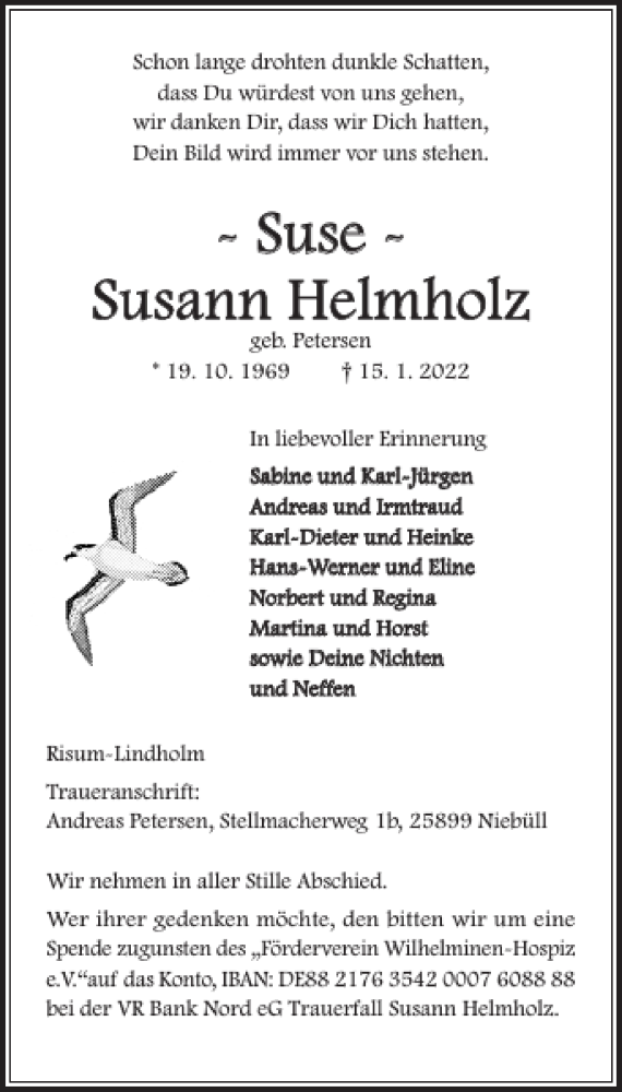  Traueranzeige für -Suse-Susann Helmholz vom 24.01.2022 aus Husumer Nachrichten