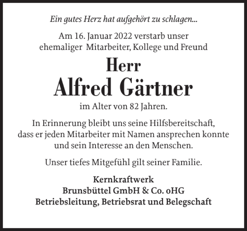 Traueranzeigen von Alfred Gärtner shz Trauer