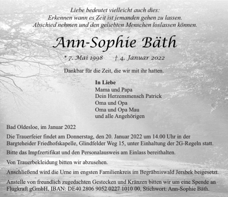  Traueranzeige für Ann-Sophie Bäth vom 15.01.2022 aus Stormarner Tageblatt