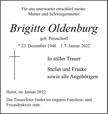 Traueranzeige von Brigitte Oldenburg von Elmshorner Nachrichten