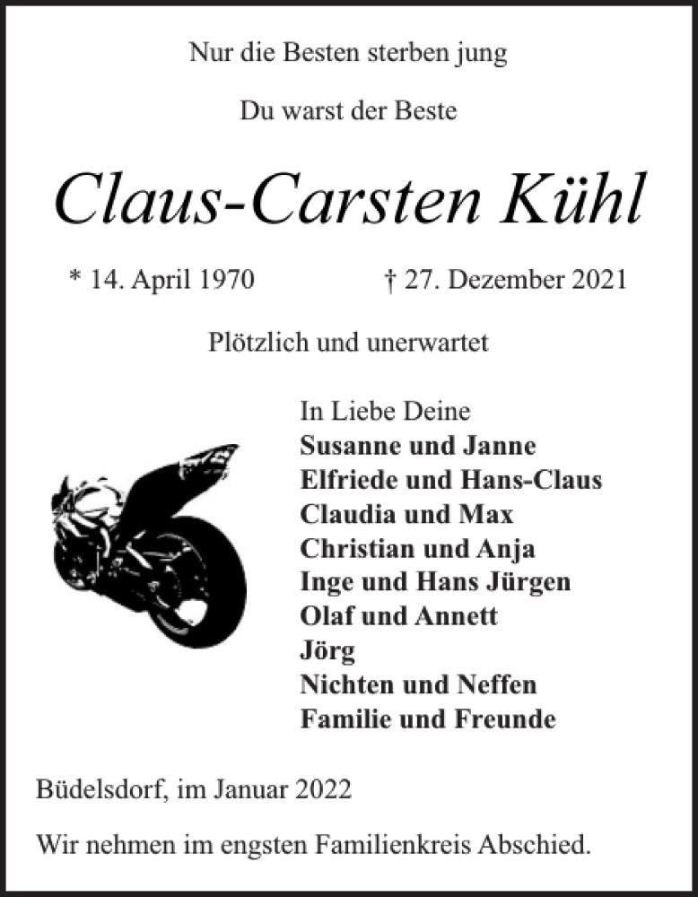 Traueranzeige für Claus-Carsten Kühl vom 08.01.2022 aus Landeszeitung