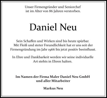 Traueranzeige von Daniel Neu von Pinneberger Tageblatt