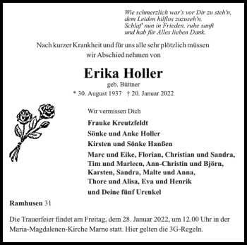 Traueranzeige von Erika Holler von Eckernförder Zeitung