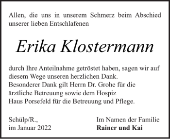 Traueranzeige von Erika Klostermann von Landeszeitung