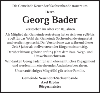 Traueranzeige von Georg Bader von Norddeutsche Rundschau