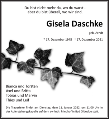 Traueranzeige von Gisela Daschke von Stormarner Tageblatt