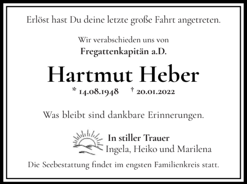  Traueranzeige für Hartmut Heber vom 24.01.2022 aus Flensburger Tageblatt
