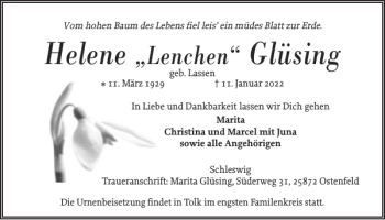 Traueranzeige von Helene Glüsing von Schleswiger Nachrichten