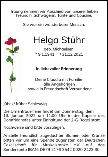 Traueranzeige von Helga Stühr von Schleswiger Nachrichten