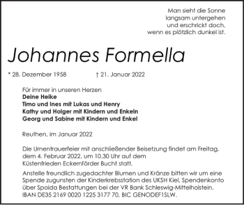 Traueranzeige von Johannes Formella von Landeszeitung