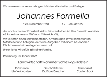 Traueranzeige von Johannes Formella von Landeszeitung