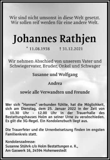 Traueranzeige von Johannes Rathjen von Landeszeitung