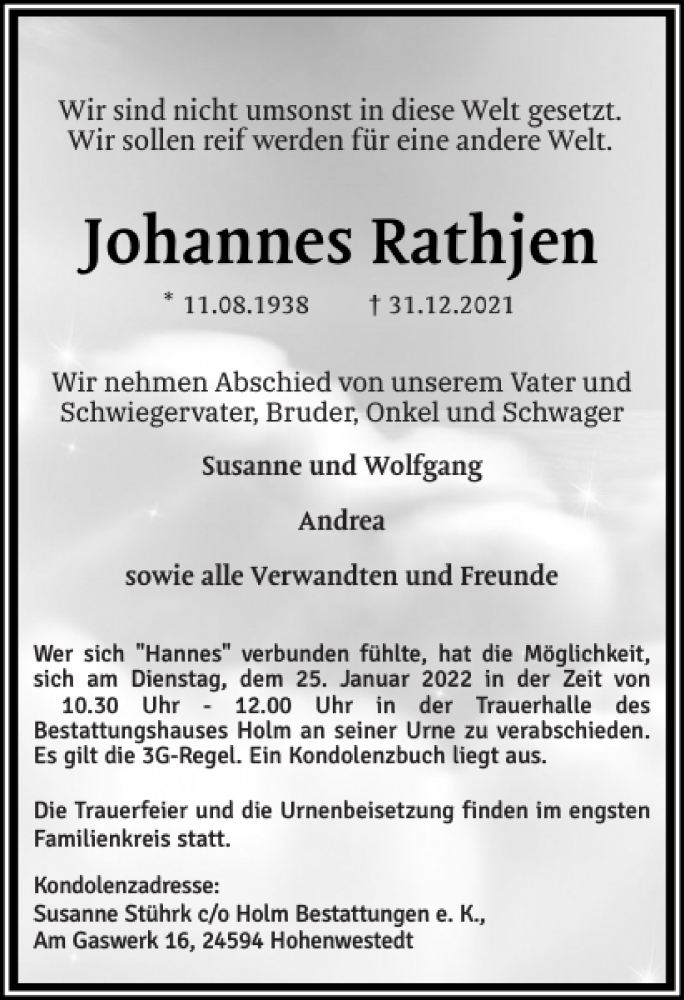  Traueranzeige für Johannes Rathjen vom 15.01.2022 aus Landeszeitung