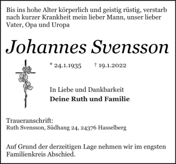 Traueranzeige von Johannes Svensson von Schlei-Bote