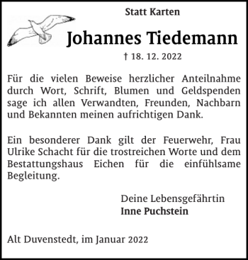 Traueranzeige von Johannes Tiedemann von Landeszeitung