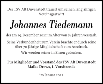 Traueranzeige von Johannes Tiedemann von Landeszeitung