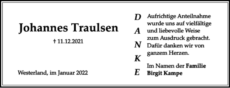  Traueranzeige für Johannes Traulsen vom 08.01.2022 aus Sylter Rundschau