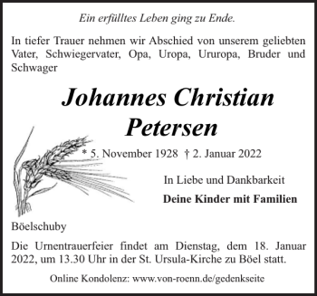 Traueranzeige von Johannes Christian Petersen von Schleswiger Nachrichten