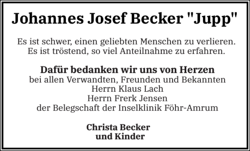  Traueranzeige für Johannes Josef Becker Jupp vom 15.01.2022 aus Der Insel-Bote