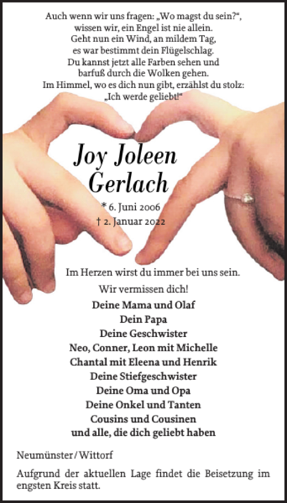  Traueranzeige für Joy Joleen Gerlach vom 08.01.2022 aus Holsteinischer Courier