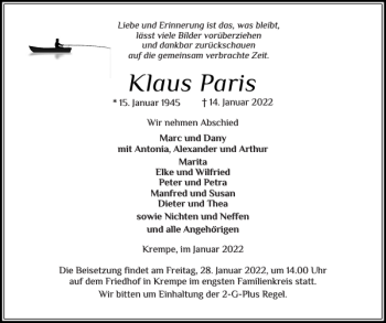 Traueranzeige von Klaus Paris von Norddeutsche Rundschau