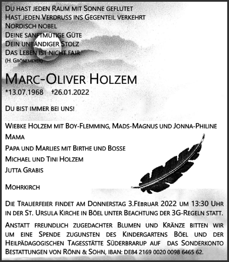  Traueranzeige für Marc-Oliver Holzem vom 31.01.2022 aus Flensburger Tageblatt