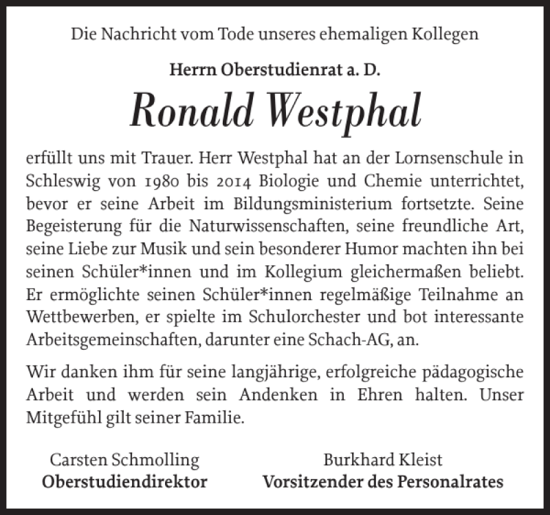  Traueranzeige für Ronald Westphal vom 29.01.2022 aus Schleswiger Nachrichten