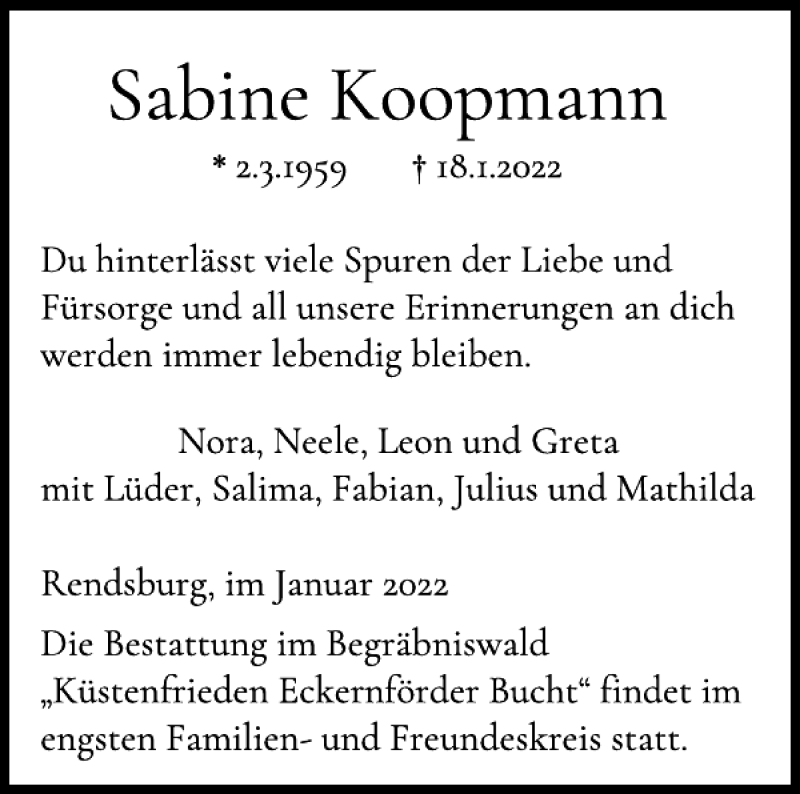  Traueranzeige für Sabine Koopmann vom 22.01.2022 aus Landeszeitung
