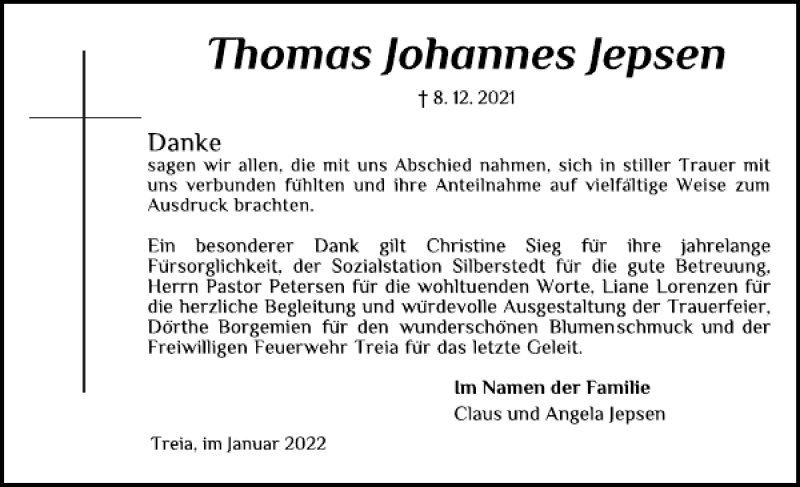  Traueranzeige für Thomas Johannes Jepsen vom 15.01.2022 aus Flensburger Tageblatt