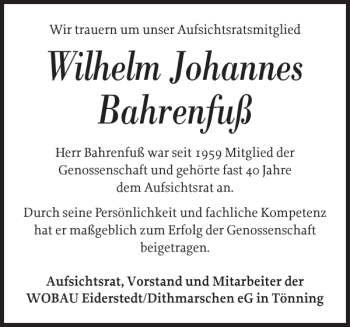 Traueranzeige von Wilhelm Johannes Bahrenfuß von Husumer Nachrichten
