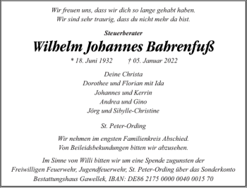Traueranzeige von Wilhelm Johannes Bahrenfuß von Husumer Nachrichten