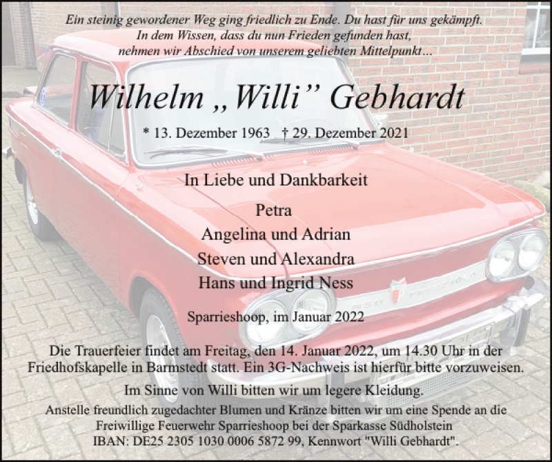  Traueranzeige für Wilhelm Willi Gebhardt vom 08.01.2022 aus Elmshorner Nachrichten