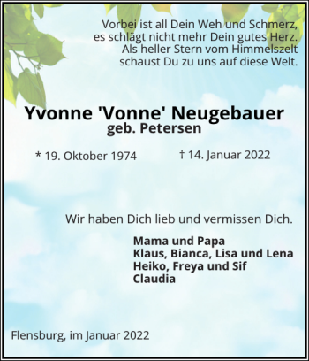 Traueranzeige von Yvonne 'Vonne' Neugebauer von Flensburger Tageblatt