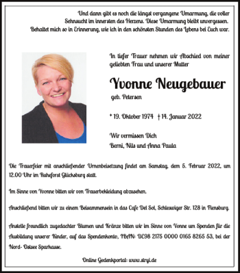 Traueranzeige von Yvonne Neugebauer von Flensburger Tageblatt