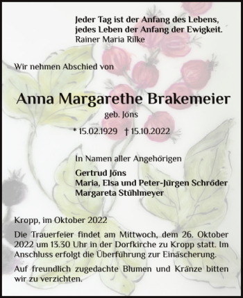 Traueranzeige von Anna Margarethe Brakemeier von Schleswiger Nachrichten
