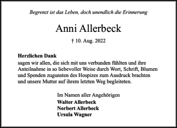 Traueranzeige von Anni Allerbeck von Stormarner Tageblatt