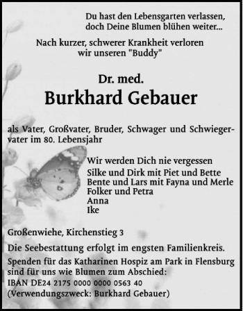 Traueranzeige von Burkhard Gebauer von Flensburger Tageblatt