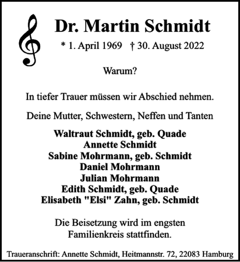  Traueranzeige für Dr. Martin Schmidt vom 15.10.2022 aus Stormarner Tageblatt