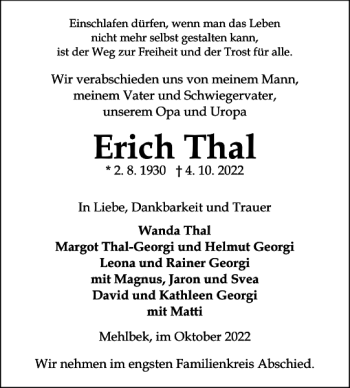 Traueranzeige von Erich Thal von Norddeutsche Rundschau