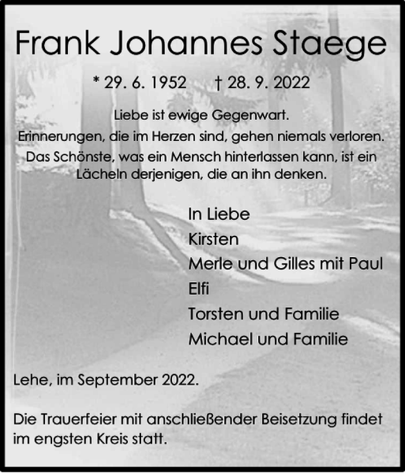  Traueranzeige für Frank Johannes Staege vom 01.10.2022 aus Husumer Nachrichten