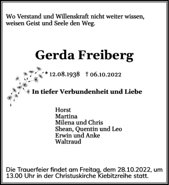 Traueranzeige von Gerda Freiberg von Elmshorner Nachrichten