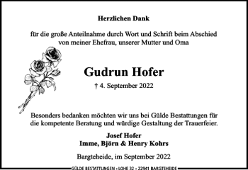 Traueranzeige von Gudrun Hofer von Stormarner Tageblatt